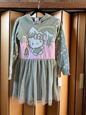 Hello Kitty ( Girls L) Hoodie Sweater Dress Tulle Green Pink Polka Dots Glitter